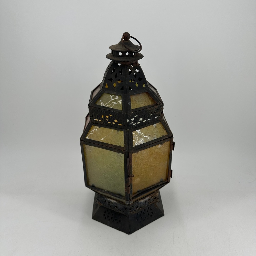 Vintage Moroccan Style Metal Glass Lantern Rusted Patina Amber Green Red Hexagon